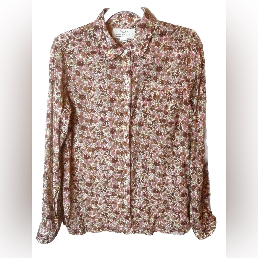 Trovata Birds Of Paradise Cotton Flower Print Pink/Brown Button Down Size M